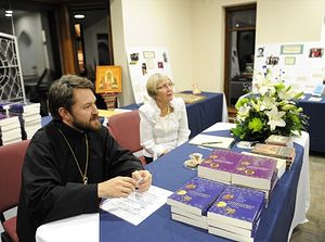 Met. Hilarion signing books at the Nashotah House Theological Seminary book store during his Oct. 25-26 visit. He lectured on the composer J.S. Bach and received an honorary doctorate in music from the Episcopal Church school in Wisconsin.
