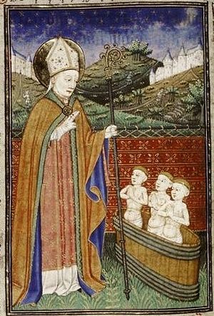 Attributed to the Fastolf Master in France, Saint Nicholas with Three Children in a Pickling Tub (MS. Auct. D. 2. 11, fol. 50v), c. 1440-1450, tempera colors and gold leaf on parchment. Bodleian Library, University of Oxford