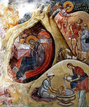 The Nativity of Christ. Fresco, Studenica Monastery, Serbia.