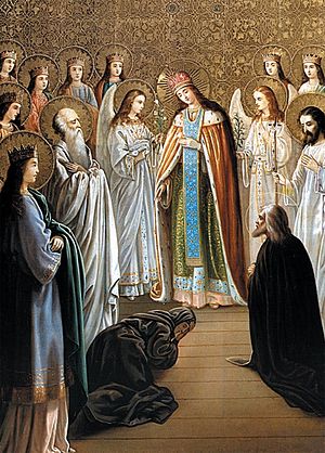 Последнее, 12-е явление Божией Матери преподобному Серафиму Саровскому с двенадцатью девами, Иоанном Предтечей, Крестителем Господним и апостолом Иоанном Богословом в день Благовещения в 1831 году. Икона иконописной мастерской Свято-Троице-Серафимо-Дивеевского монастыря. XIX век