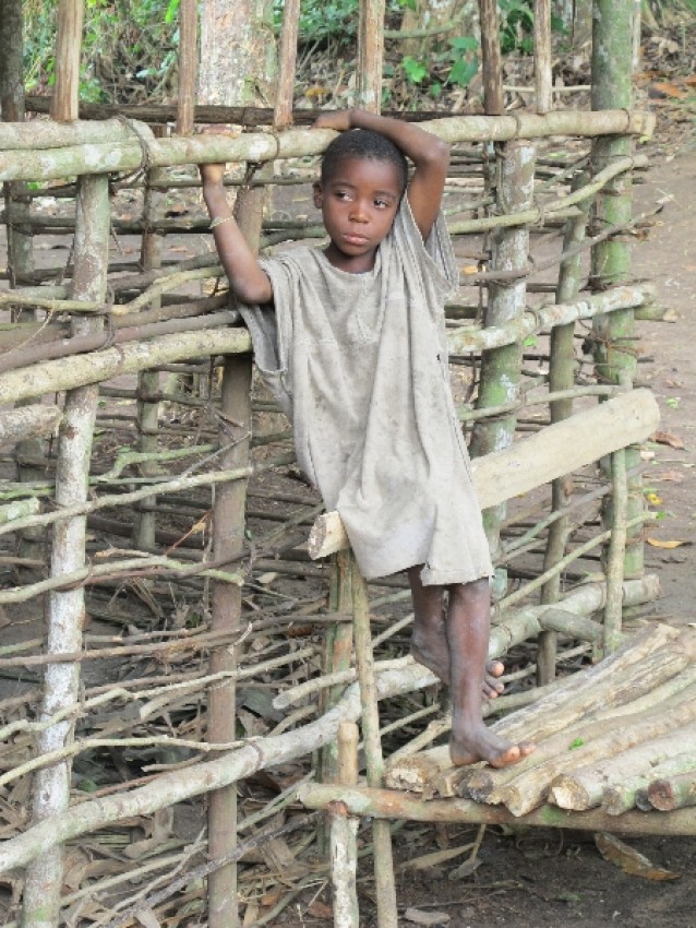 Мальчик в пигмейской деревне. Характерные строения из бамбука в пигмейской деревне.