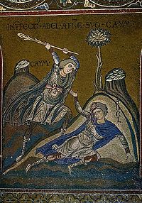 The murder of Abel by Cain. Mosaic, Monreale Cathedral