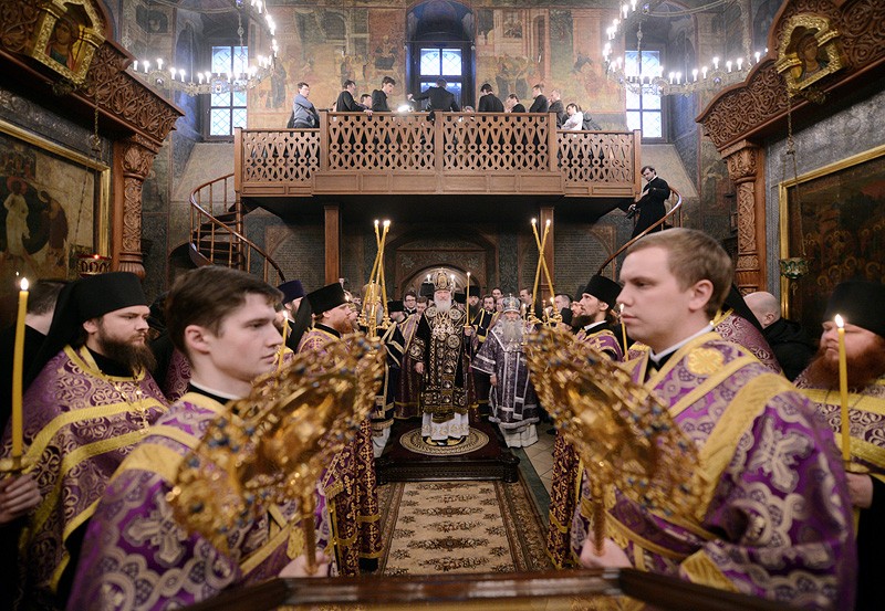Патриаршая служба в Сретенском монастыре накануне недели Торжества Православия.  Фото: К. Новотарский / Патриархия.Ru