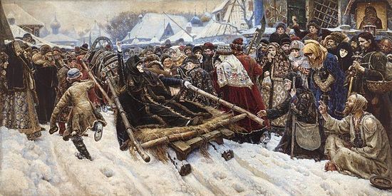 The painting "Boyarynia Morozova" by Vasily Surikov. Feodosia Morozova was one of the best-known partisans of the Old Believer movement. Source: Public domain
