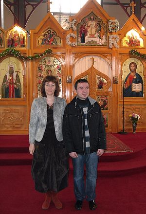 Dmitry Lapa and his mother. Colchester, Essex, in the church of St. John of Shanghai
