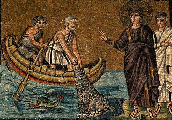 Чудесный улов рыбы. Мозаика VI в. Сент Аполинарий Нуово, Равенна
