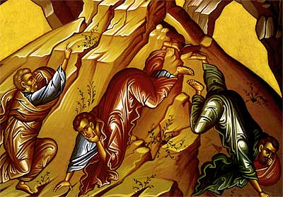 4. The three Apostles who accompanied Christ to the moutain, Peter, John, and James, react to the vision of Christ's Transfiguration.