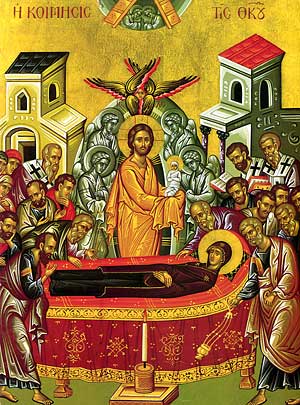 Icon of the Dormition of the Theotokos provided by Theologic and used with permission