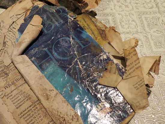 A charred Bible found on the site of the tragedy