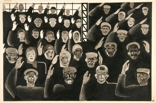 Александр Дейнека. Постановили единогласно. Рисунок для журнала «Безбожник у станка». 1925 г.