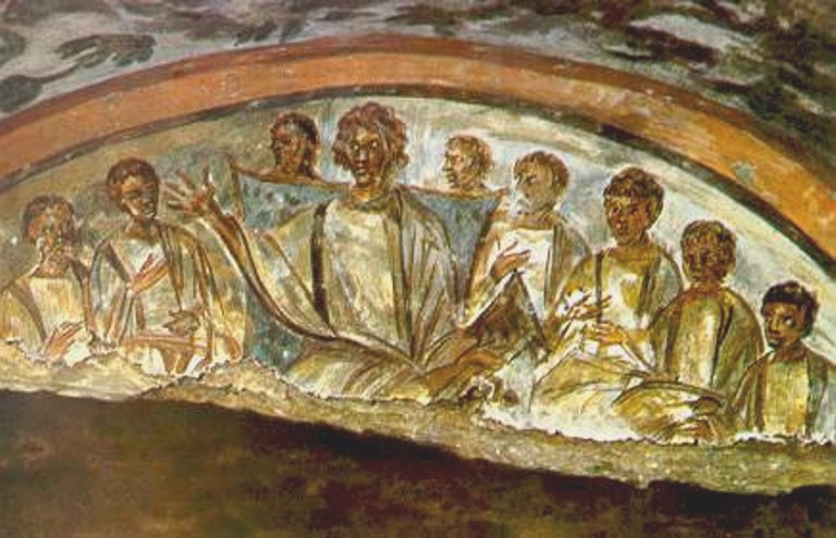 Christ Among the Apostles is in an arcosolium of the Crypt of Ampliatus in the Catacombs of St. Domitilla in Rome. 