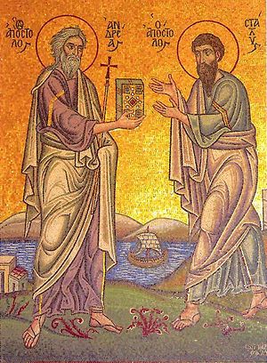 Апостол Андрей Первозванный вручает Евангелие апостолу Стахию