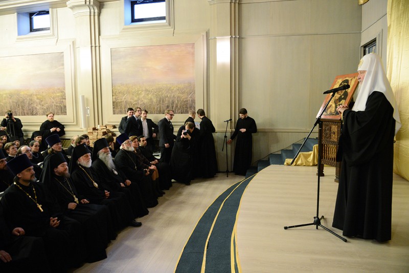 Речь Святейшего в актовом зале. Фото: С. Власов / Патриархия.Ru