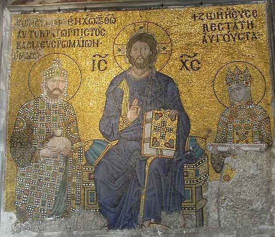 Emperor Constantine Monomakh and Empress Zoe before Christ. Mosaic Hagia Sophia in Constantinople. XI century.