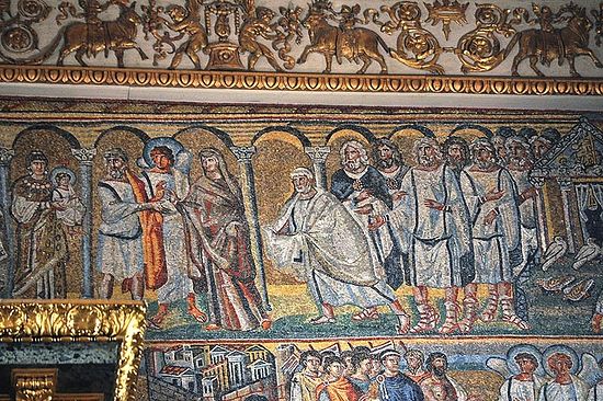 Presentation of the Lord. Mosaic triumphal arch of the Basilica of Santa Maria Maggiore in Rome. 432-440-years