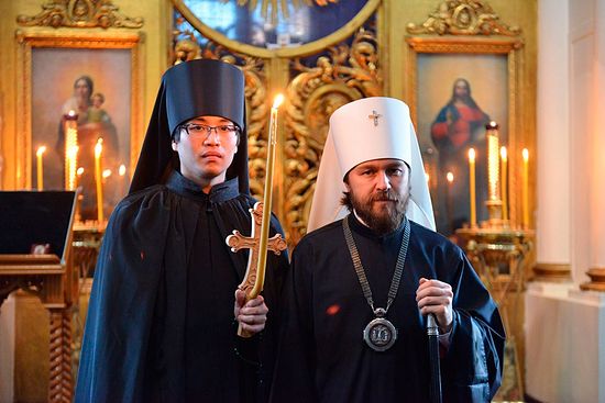 Metropolitan Hilarion of Volokalamsk and Fr. Nikolai (Ono) after his tonsure.