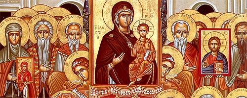 The icon of the Virgin Hodegetria, depicting the Theotokos as the "Directress", is processed amongst the people and held on high by two angels.