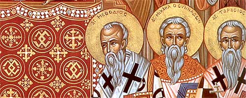 To the left of the icon are Patriarch Methodios (left), Bishop Michael of Synnadon (center), and Patriarch Tarasios.