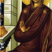 6. Mary's right hand is raised in acceptance of Gabriel's message (detail).