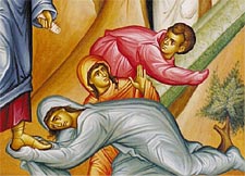 3. Mary and Martha, the sisters of Lazarus, bow before Christ as they witness this awesome miracle. A young man pulls the stone away from the front of the tomb.