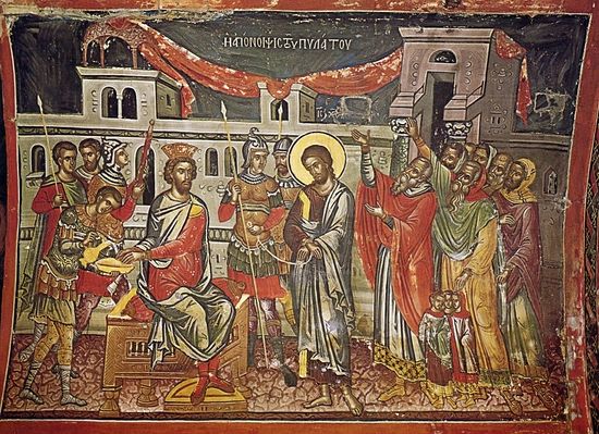 Christ before Pilate. Fresco Stavronikita monastery, Mount Athos