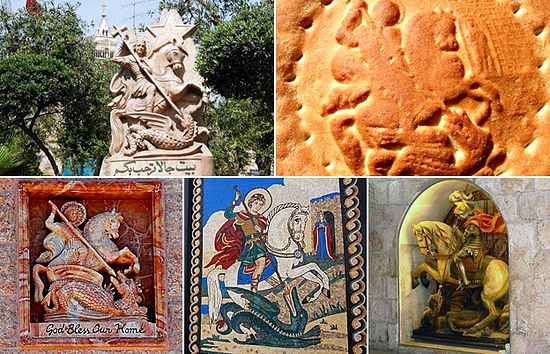 ​The image of St George appears in the form of statues, mosaics and even bread (top right)