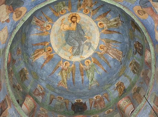 Вознесение Господне. Середина XI в. Фреска Спасо-Преображенского собора Мирожского монастыря в Пскове