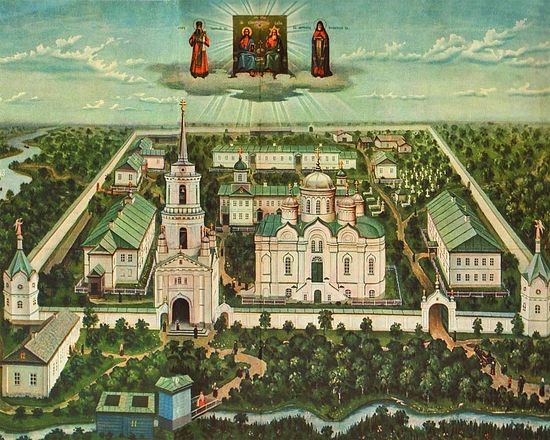 Общий вид Тихоновского общежительного мужского монастыря. Литография 1915 года