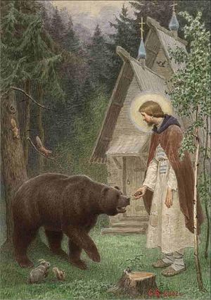 Преподобный Сергий кормит медведя