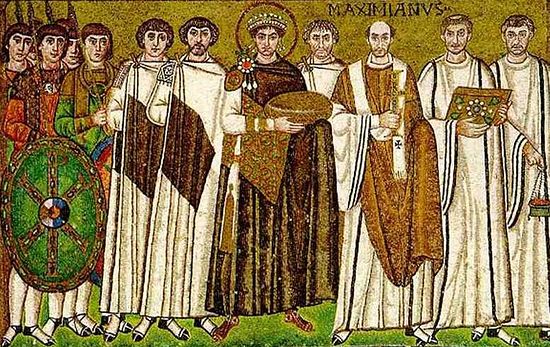 Emperor Justinian the Great with his retinue. Church of St. Vitalis in Ravenna, 548 A.D.