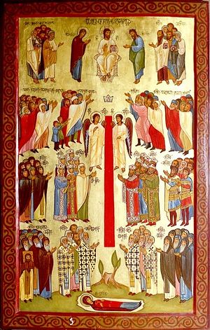 Икона Слава Грузинской Церкви, изображающая Животворящий столб и возлежашую под ним святую Сидонию с Хитоном на груди