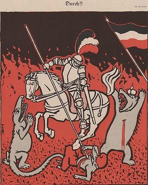 Немецкий рыцарь поражает врагов. Немецкая открытка 1914 года