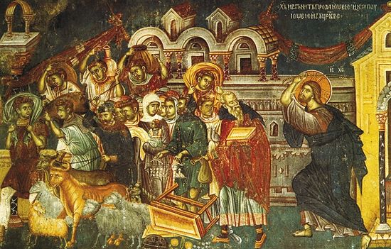 Изгнание торгующих из храма. Фреска в церкви святого Никиты близ Скопье. 1483-84 гг.