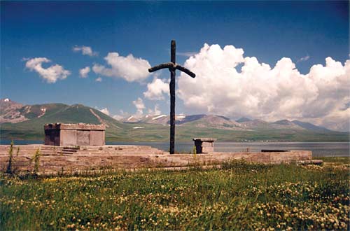 Altar and cross erected at Lake Paravani, where St. Nino began to preach the Gospel in Georgia.