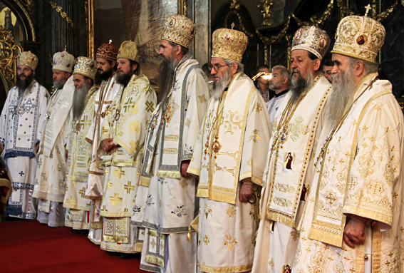 Serbian Bishops in sakkos and mitre.