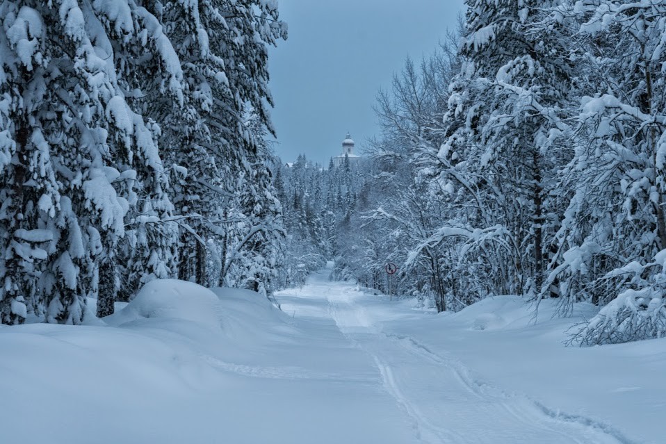 Solovki in Winter. Church of the Ascension of the Lord on Sekira Hill, seen from a distance