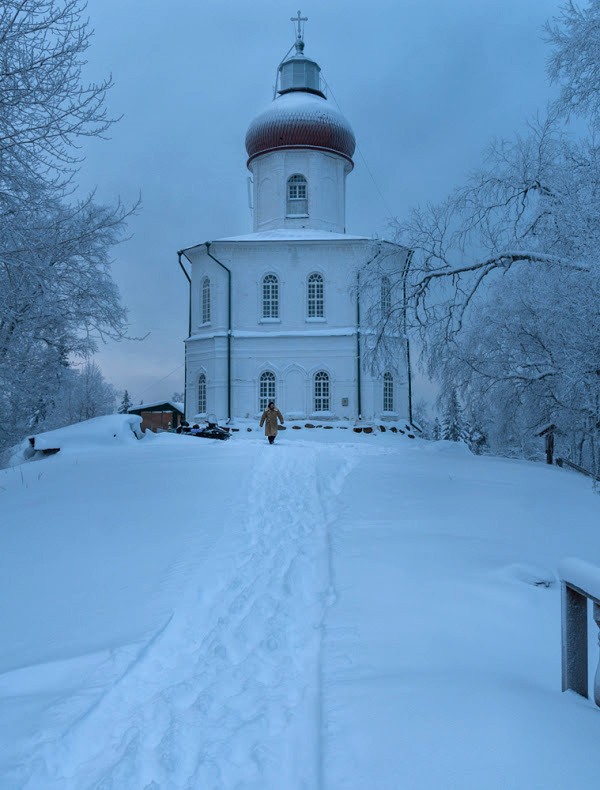 Solovki in Winter. The Ascension Church and lighthouse
