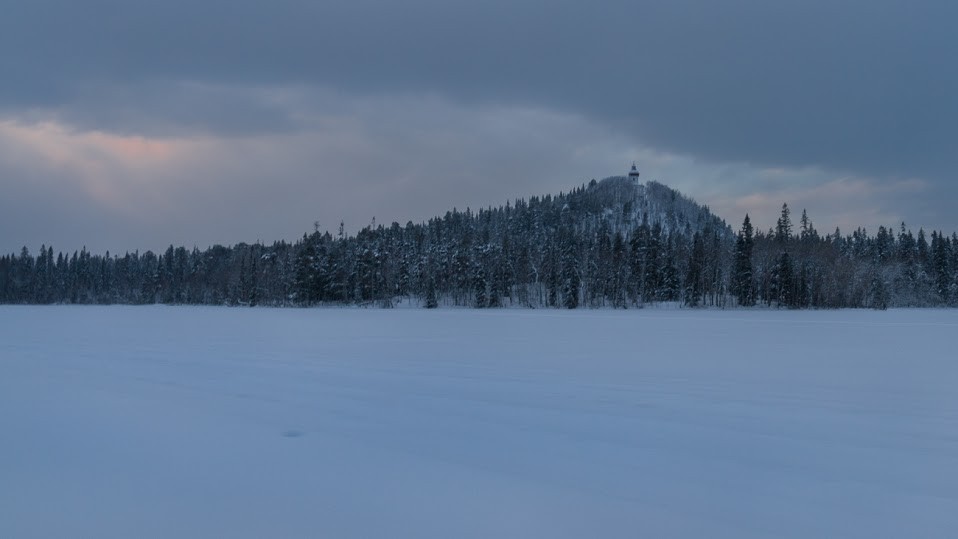 Solovki in Winter. View of Sekira Hill from the lake