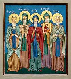 The Holy Georgian Fathers of Iveron: St. Ekvtime, St. Ioane-Tornike, St. Ioane, St. Gabriel, and St. Giorgi.
