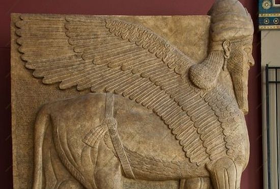 A winged lion from the palace of Ashurnasirpal II. A casting. 293 х 318 cm (9.61 х 10.43 feet). The original is from the 9th century B.C. The British Museum, London.