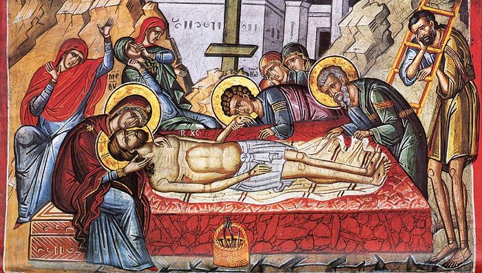Великая Пятница. Оплакивание Христа. Фреска монастыря Дионисиат, Афон
