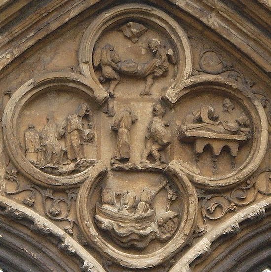 Quatrefoil in the Crowland Abbey depicting scenes of St. Guthlac's life