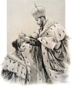 Nicholas II crowned Alexandra as Empress consort immediately following his own coronation. He took off his Imperial crown and touched it briefly to her forehead, symbolizing her sharing in his sacred duty of ruling Russia, and then proceeded to crown her with the smaller consort’s crown.