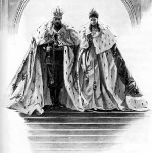 Partners in holy and royal matrimony and equal bearers of the burden of imperial role, Emperor Nicholas II and Empress Alexandra sketched as they leave the Uspenskiy Sobor in full regalia following their coronation and anointing.