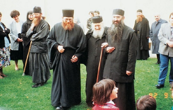 The abbot of the Great and Holy Monastery of Vatopaidi, Archimandrite Ephraim, in the garden of the Monastery of St. John the Baptist in Essex (1992) with Elder Sophrony, among the many pilgrims who found spiritual comfort near the venerable Elder