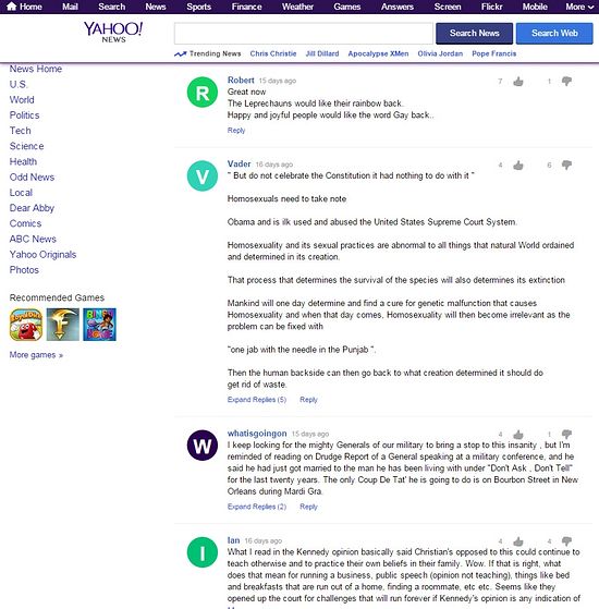 Скриншоты комментариев к новости на Yahoo.News о легализации содомии