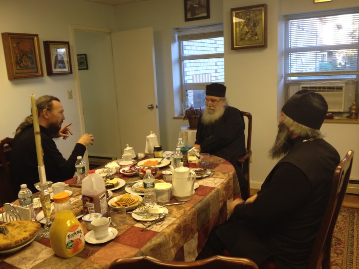 Fr. Luke, rector of HTS (center), discussing matters of ecclesiastical education with Fr. Pavel (left) and Fr. Roman (right) from Kazan Academy