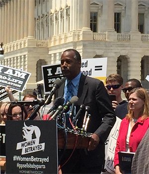 GOP presidential candidate Ben Carson speaks at Women Betrayed rally on July 28, 2015
