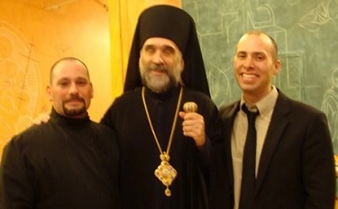 Robert Sirico (L), Archbishop Michael (OCA), and Nicholas Reeves (R) during the repast after the Cancer Akathist Prayer Service at Holy Virgin Protection Cathedral in New York City