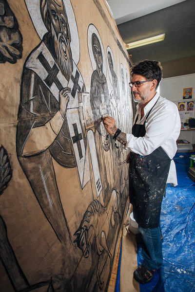 Using charcoal, artist Daniel Balter sketches saints in his studio at Whiteaker's St. John the Wonderworker Orthodox Church. 